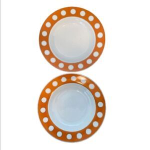 2 Jonathan Adler Happy Home Orange White Gold Mod Dots Soup/Salad Bowls