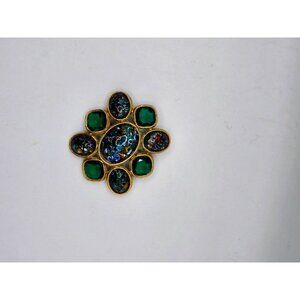 Sparkling Vintage Green faceted Glass and Millefiori cabochon large brooch