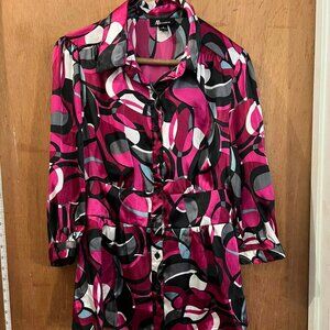 Size M - AB Studio - Pink and Black Long Sleeve Button-Down  Blouse