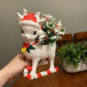 Vintage 1960s Xmas Reindeer Planter Porcelain Samson Reindeer Candy Cane Holder