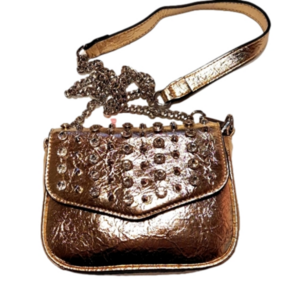 New! With tags gold rozebud purse with long chain sholder strap, studs jewels