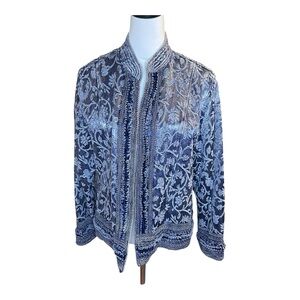 Coldwater Creek Women's Denim Blue Damask trimmed open front Blazer Jacket Large