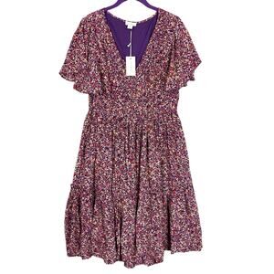 Sundance Floral Crepe Flutter Sleeves V Neck Dress Medium