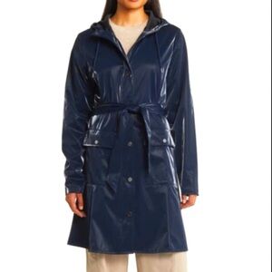 NWT Rains - Curve W Jacket in Color Ink Raincoat Belted Wet Look Dark Blue sz M