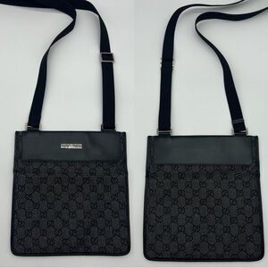 Authentic Gucci GG black canvas and leather flat sling bag