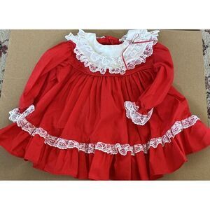 Bryan Red Floral Lace‎ Dress Lace Made in USA 1980s Vintage Size 18 Months