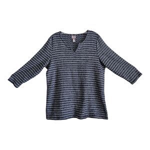 CHICO'S 2 Women's 12 14 Tunic Top Navy Blue White Heathered V-Neck 3/4 Sleeve 40