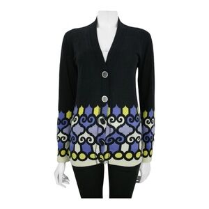 Tory Burch Wool Printed Sweater Cardigan Black Purple Classic Chic Women's Small