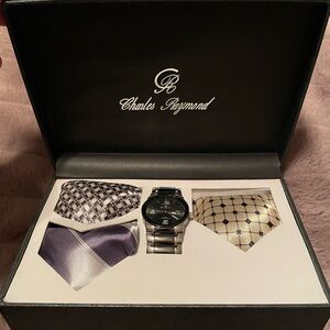 Vintage Charles Raymond Men's Silver Watch and Tie Set - Purple and Beige NIB