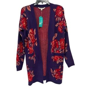 NWT Pioneer Woman Jacquard Floral Open Cardigan | Purple Red Floral | XS