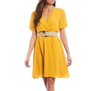 GIBSON LATIMER Short Sleeve Belted Mustard Dress