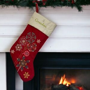 Pottery Barn Snowflake Tree Christmas Stocking Embroidered Red Grandma 19”