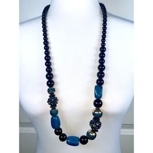 Vintage Coldwater Creek Black Graduated Bead Blue Stone Statement Necklace