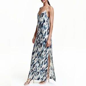 H&M Sleeveless Printed Silk Maxi Slip Dress White/Blue Size 10 NWT