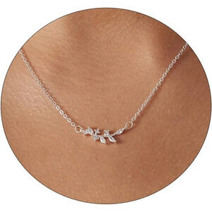 14k Gold Plated Delicate Tiny Love Heart Star CZ Leaf  Necklace for Women-Silver