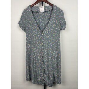 RVCA Gray Blue Ditsy Floral Woven Elastic Waist Short Sleeve Button Dress Size L