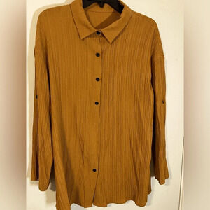 Elegant Gold Button up Long sleeve Blouse size XL loose fitting flared hem