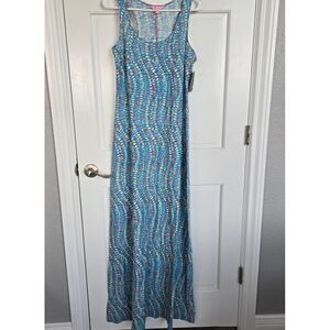 Lilly Pulitzer Maxi Dress Size LTreena Clam Jam Knit Abstract Racerback Blue NWT