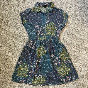 Bebop Women's Teal Floral Collared Short Sleeve Shirt Dress Size S Cottage Boho