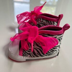 Funky Neon Pink Sequin Zebra Ribbon Tie Baby Shoes