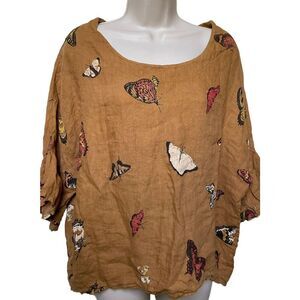 Viola Borghi Butterfly Print Linen Blouse Women L Flutter Sleeve Italy Lagenlook