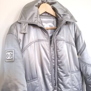 Chanel puffer ski jacket coat silver gray