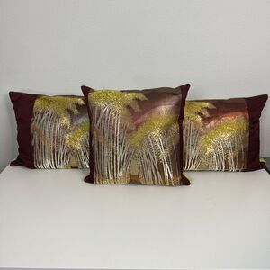 3 Custom Vintage Silk Obi Throw Pillow Set Burgundy Ivory Gold