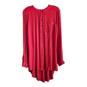 FREE PEOPLE Women's S Tunic Top 1/2 Buttons Gauzy Red Long Sleeve Oversized 40"