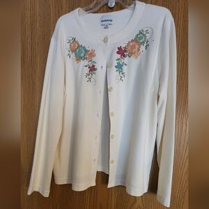 Breckenridge Women's Button-up Sweater Side Slit Embroidered Floral Ivory  Sz XL