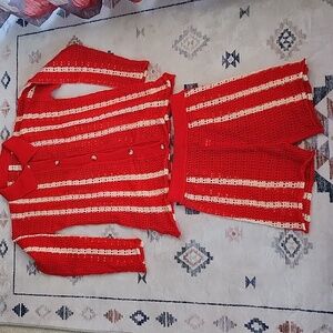 Shein Red and White Stripe Crochet Long Sleeve Button Top and Shorts Set XL