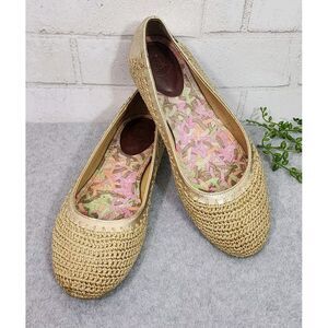 The Sak Bamboo Sparkle Gold Crochet Knit Leather Round Toe Ballet Flat Shoes 7