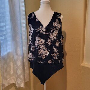 Fortune + Ivy Mesh Bodysuit Women Size XL Black Floral Stretch Lined NWOT