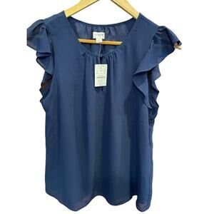 NWT J.Crew Navy Blue Chiffon Ruffle Sleeveless Front Keyhole Neckline Blouse‎