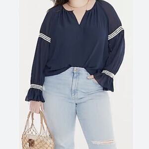 NWT J. CREW Flutter Cuff Crinkle Chiffon Top Blouse Peasant Navy Blue White sz M