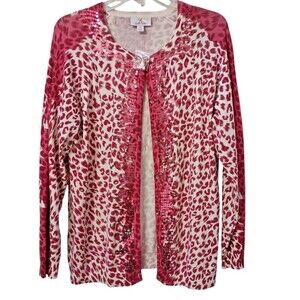 Quacker Factory Sweater Womens M Pink Animal Print Cardigan Button Front Sequin