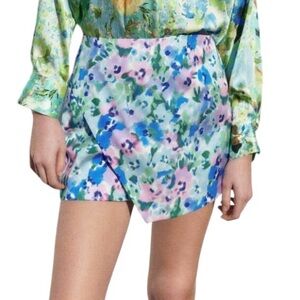 Zara Floral Satin Asymmetrical Front Mini Skort