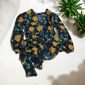 J. Crew wrap front floral print long sleeve blouse blue yelloww