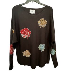 Liv Milano Black Sweater with Embellished Flowers Medium