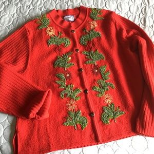 VINTAGE APRIL CORNELL RED BOILED WOOL & CHENILLE EMBROIDERED CARDIGAN SI…