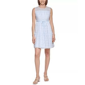 CALVIN KLEIN Women's Plaid A-Line Gingham Dress White and Blu Size 12