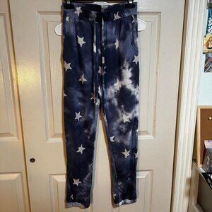 navy and white tie-dye star sweatpants