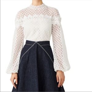 AMUR White Florence Lace Long Sleeve High Mock Neck Blouse