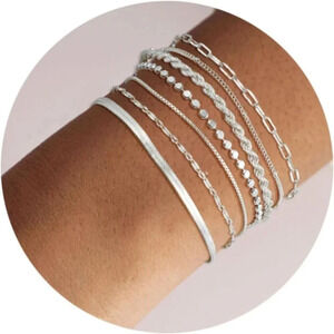 Women, White Gold/Silver Bracelet Waterproof Layered Set Fashion  Jewelry