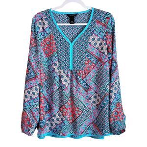 INVESTMENTS PETITES Women PXL Blue Tunic Top Geometric Pattern Long Sleeve