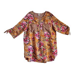 FIG & FLOWER Women's 2X Tunic Top Multicolor Mixed Patterns Rust Red Blue 46"