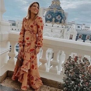 Johanna Ortiz x H&M Wrap Maxi Floral Poppy Long Sleeve Boho Dress Red Tan XS