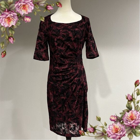 Anthropologie Maeve Dress Lace Elorn Ruched Side Burgundy Black - Picture 1 of 14