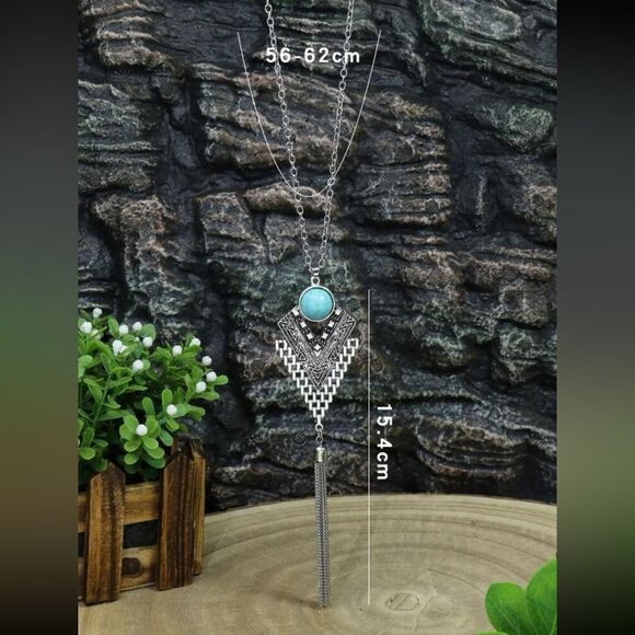 Turquoise Decor Geometric & Metal Tassel Charm Necklace - Picture 8 of 15