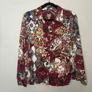 Chicos Shirt Women's 2 Large Red‎ Floral Paisley Button Front Collared Blouse