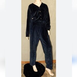 Retro Liz Sport Black Velour Jumpsuit Full Romper Elastic Waist Button-Up Sz M